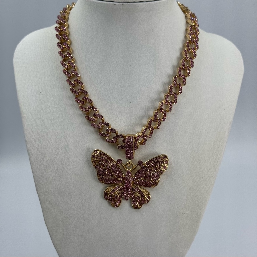 Gold Tone and Pink Rhinestone Cuban Link Butterfly Necklace Small Choker or Kids